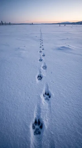 Canine Paw Prints Across Twilight Snowfield