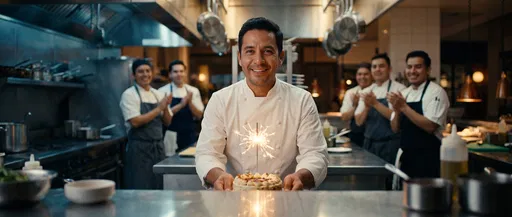 Smiling Chef Holding Cake With Sparkler