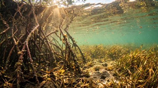 Sunlit Underwater Mangrove Roots and Seagrass
