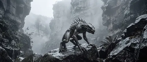Reptilian Creature Crouching in Misty Canyon