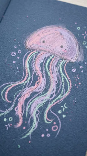 Pastel Chalk Jellyfish Drawing on Blue Paper