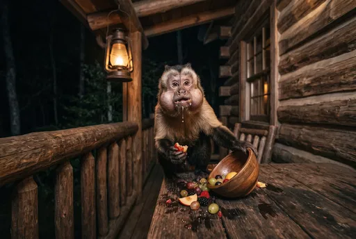 Guilty Monkey Stealing Fruit at Night