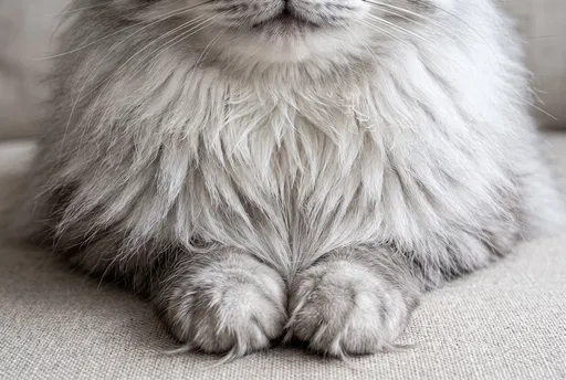 Fluffy Silver Cat Chest and Paws Closeup