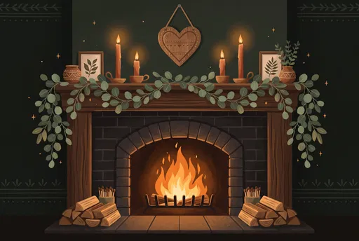 Cozy Fireplace Mantel With Wooden Heart Illustration