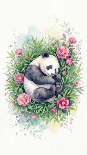Watercolor Sleeping Panda Cub in Flowers