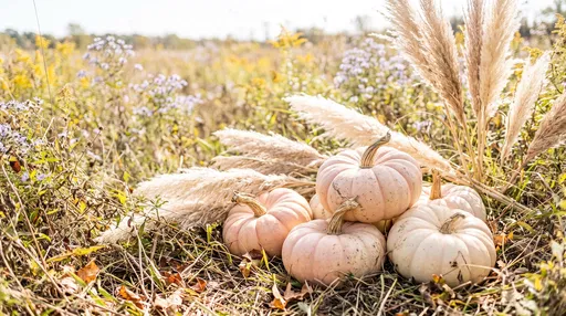 Pastel Pumpkins in Sunny Autumn Meadow