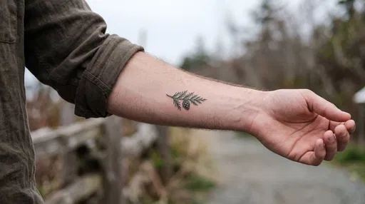 Small Evergreen Branch Tattoo on Man's Forearm