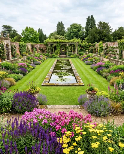 Symmetrical Walled Summer Garden With Lily Pond