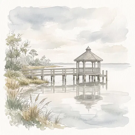 Watercolor Pier and Gazebo on Calm Water