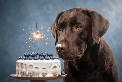 Chocolate Labrador Looking at Birthday Cake