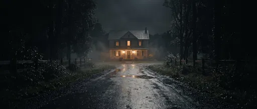 Illuminated Farmhouse on Wet Night Road