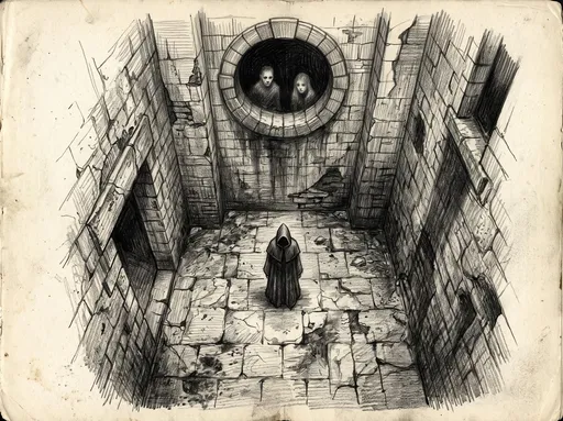 Graphite Drawing of Cloaked Figure in Courtyard
