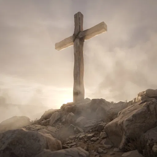 Wooden Cross on Misty Rocky Summit