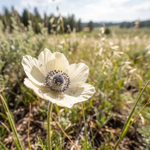 White Anemone Flower in Sunny Meadow