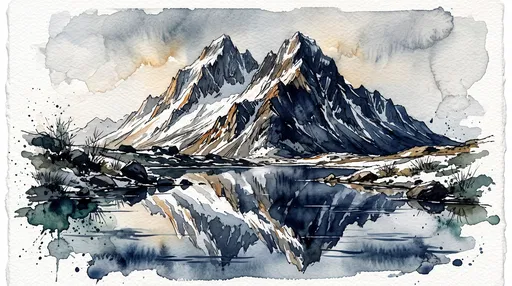 Watercolor Twin-Peaked Mountain Lake Reflection