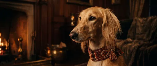 Golden Saluki Portrait by Warm Fireplace