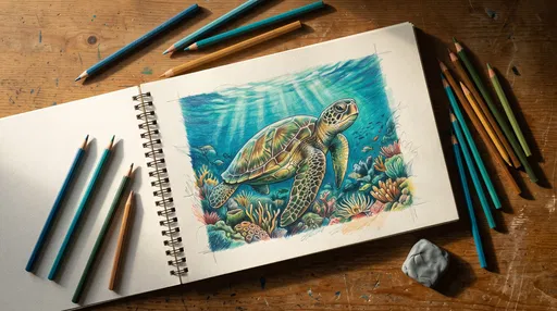 Colored Pencil Sea Turtle Sketchbook Flat Lay