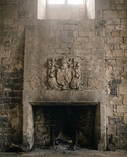 Ancient Castle Fireplace With Carved Crest