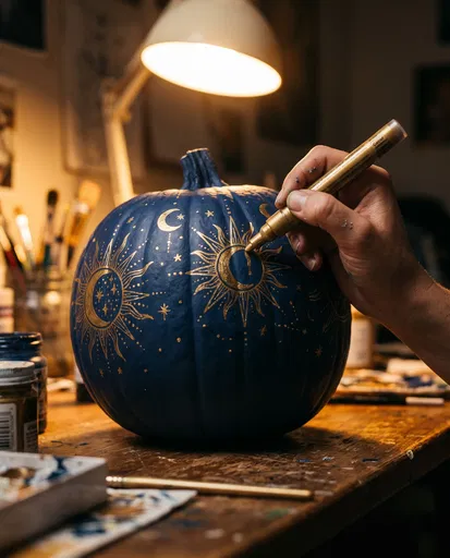 Hand Drawing Gold Celestial Art on Pumpkin