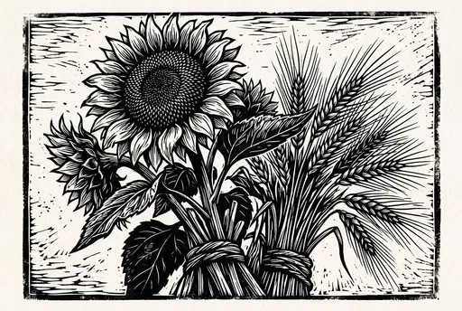 Black and White Sunflower Wheat Linocut