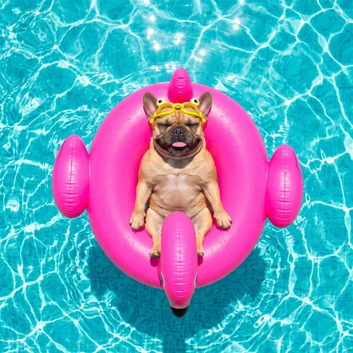 French Bulldog Relaxing on Pink Flamingo Float