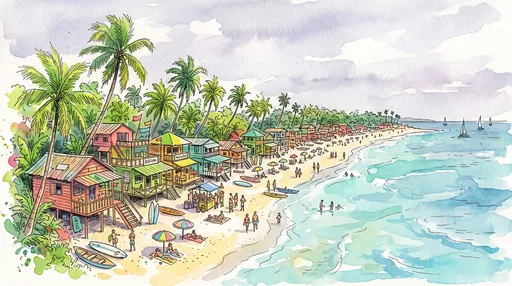 Tropical Beach Cabanas Watercolor Illustration