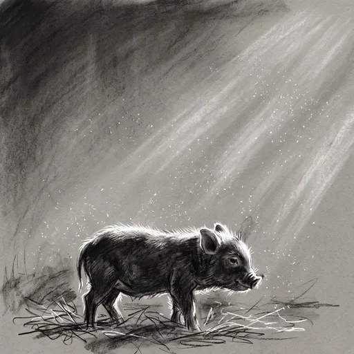 Charcoal Drawing of Backlit Piglet in Dust