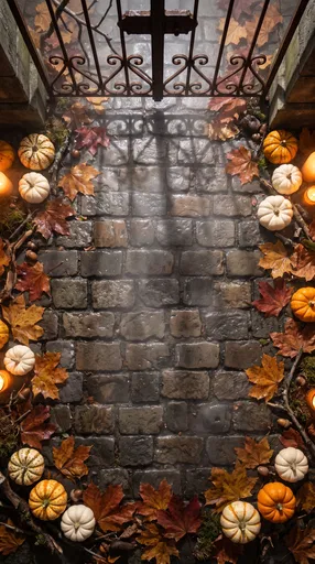 Autumn Cobblestone Courtyard Frame With Pumpkins
