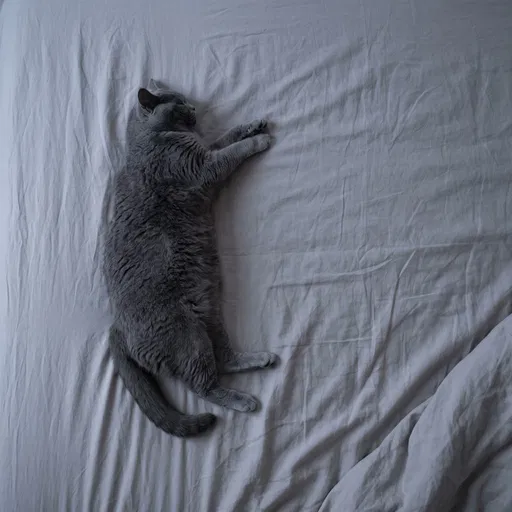 Gray Cat Sleeping on Linen Sheet