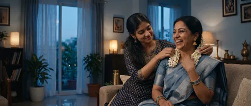 Daughter Placing Jasmine Garland on Laughing Mother