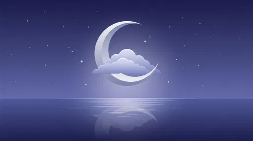 Crescent Moon and Cloud Over Calm Ocean