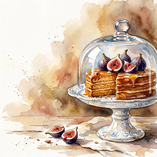 Watercolor Honey Cake and Figs on Stand