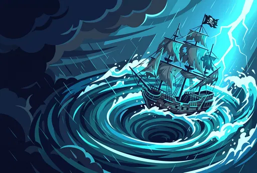 Pirate Ship in Stormy Ocean Whirlpool