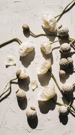 White Poppies and Seed Pods Flat Lay