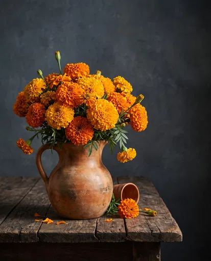 Orange Marigolds in Rustic Clay Pitcher