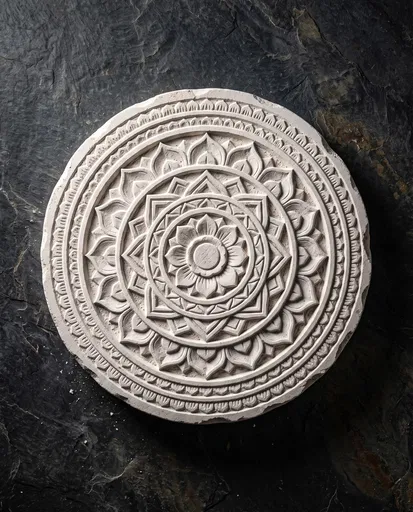 Carved White Limestone Mandala on Dark Slate