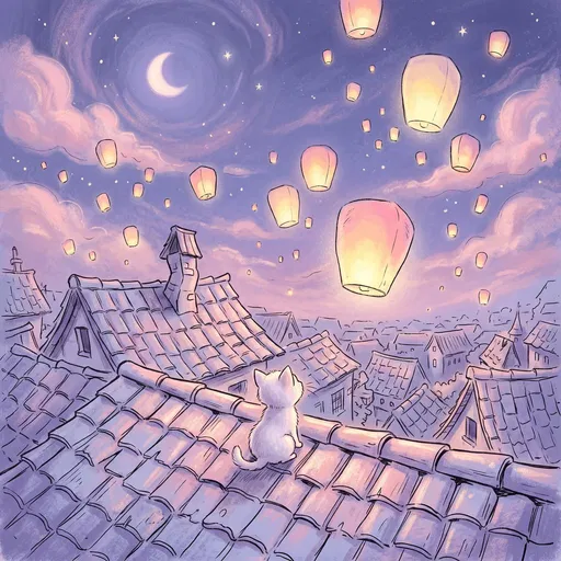 White Kitten Watching Floating Lanterns on Rooftop