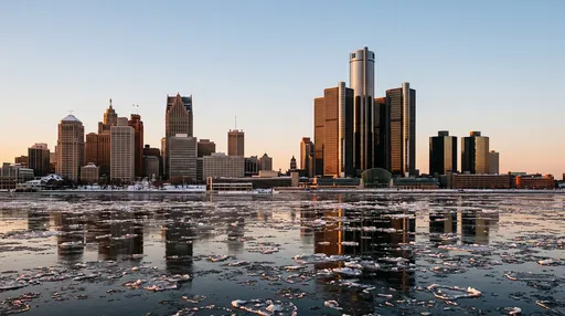 Detroit City Skyline Over Icy Winter River