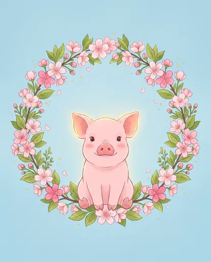 Cute Pink Piglet in Cherry Blossom Wreath