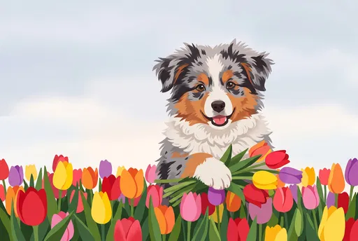 Australian Shepherd Puppy in Spring Tulips