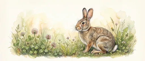 Watercolor Illustration of Cottontail Rabbit in Clover