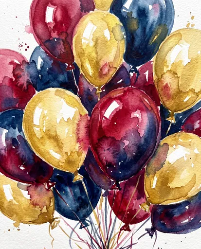 Watercolor Bouquet of Crimson Gold Blue Balloons