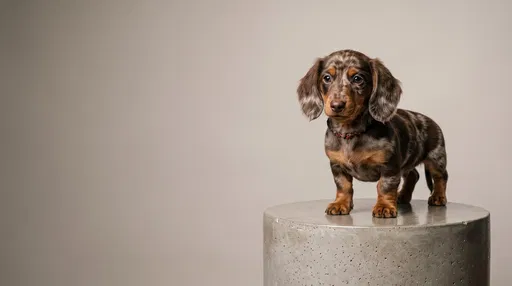 Dapple Dachshund Puppy on Concrete Plinth