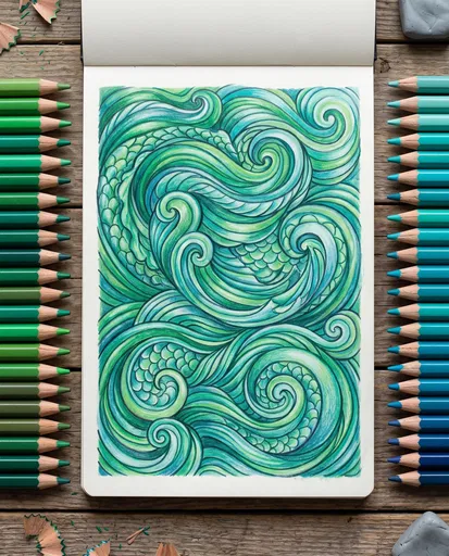 Colored Pencil Wave Drawing Flat Lay