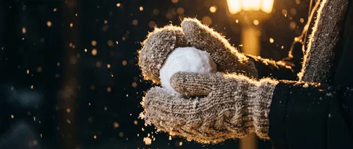 Hands in Knit Mittens Holding Snowball