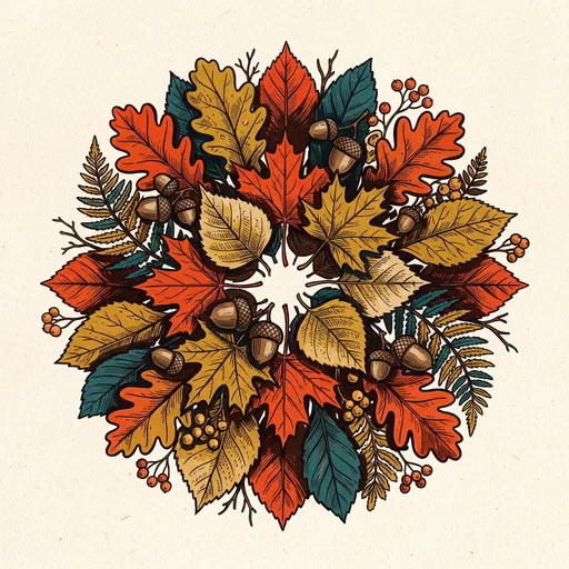 Circular Autumn Leaves and Acorns Illustration