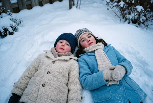 Two Siblings Lying in Backyard Snow