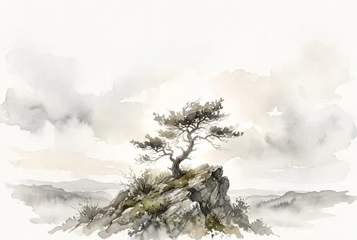 Watercolor Windswept Pine on Rocky Crag