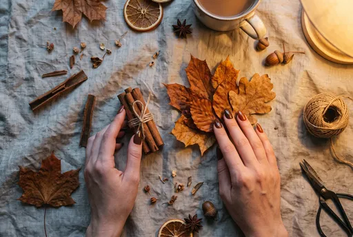 Autumn Flat Lay With Brown Almond Nails