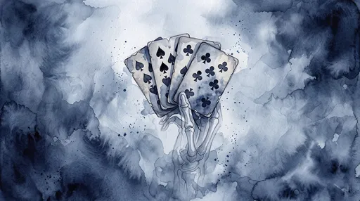 Watercolor Skeletal Hand Holding Playing Cards